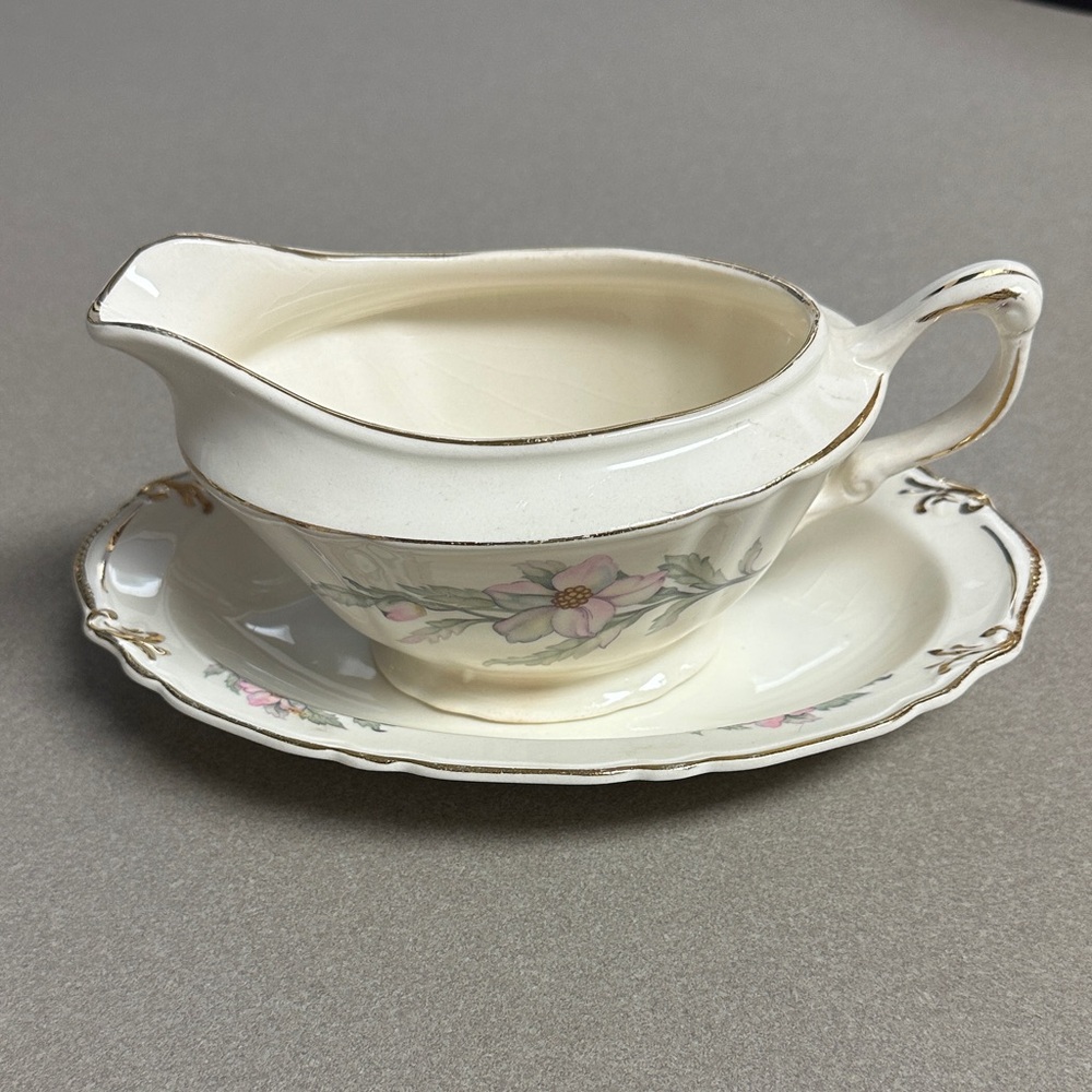 Crown Pottery CRP11 Elegant Cream Floral Gravy Boat with Saucer Southern Charm